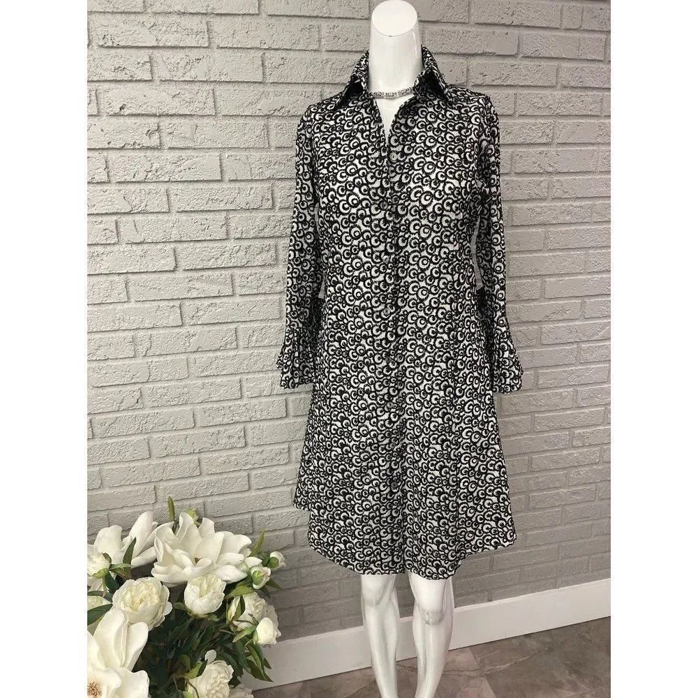Fine Garments by Bell Black & White Embroidered Button Down Shirt Dress Size 2